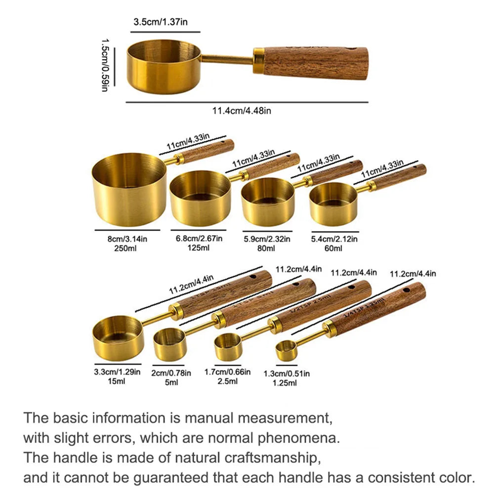Elevate Your Baking Experience with Our Gold Wooden Handle Stainless Steel Measuring Cups and Spoons Set - Perfect for Coffee and Bartending!