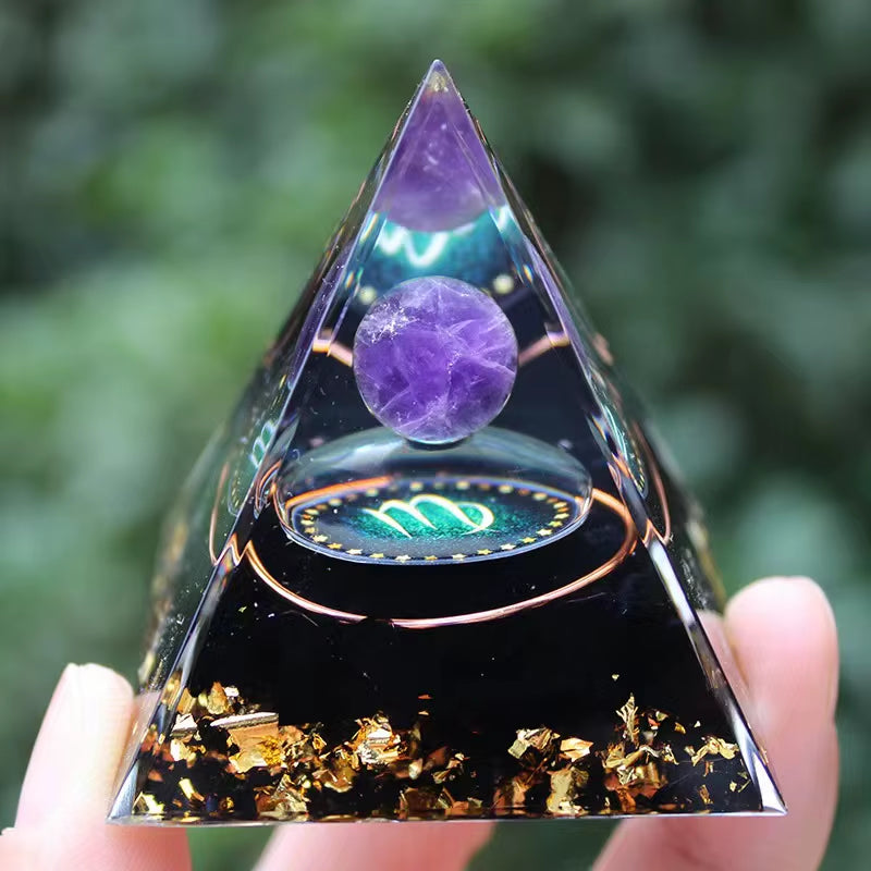 Twelve Zodiac Signs Orgone Pyramid with Amethyst for Home Decoration Unique Gift Idea for Family and Friends