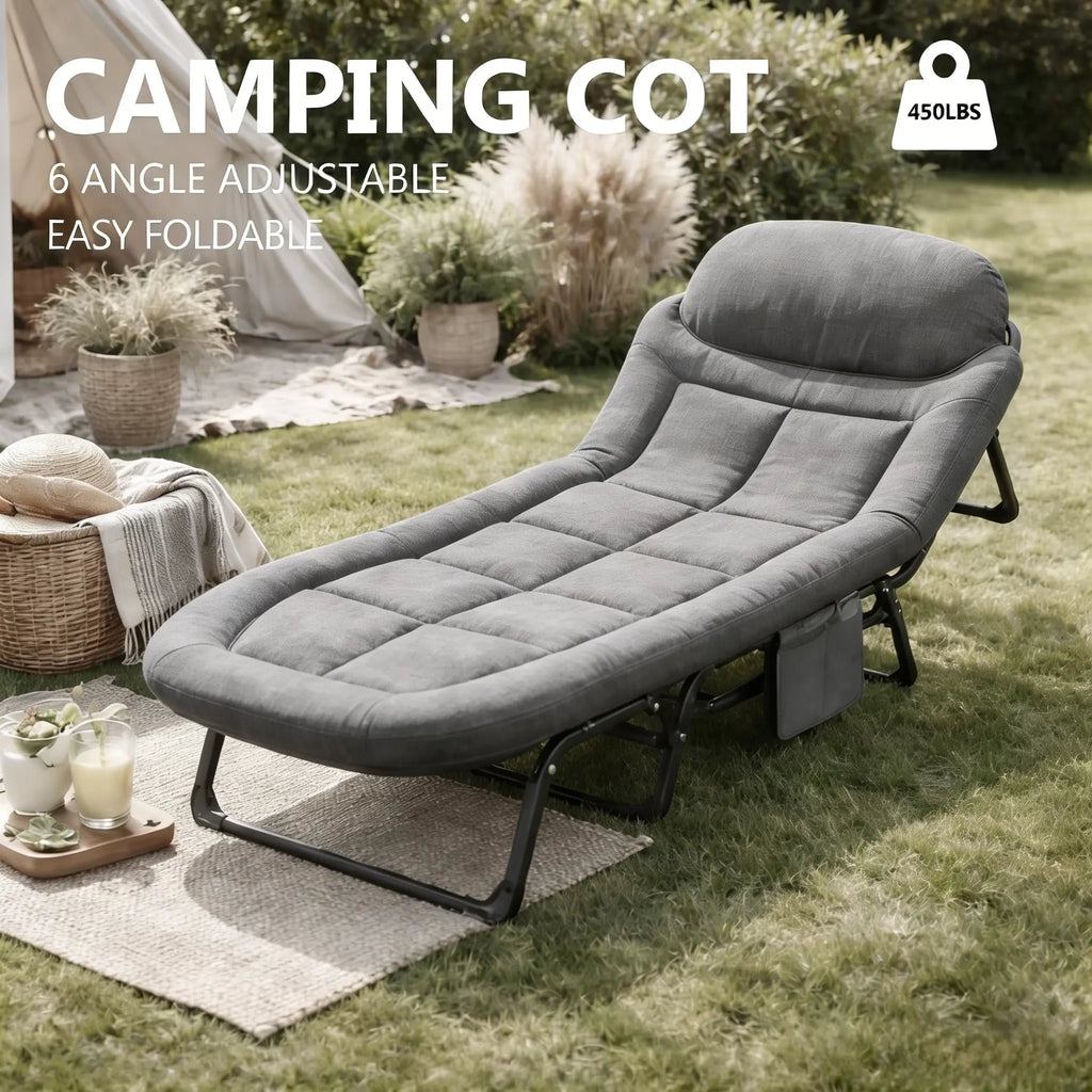 Ultimate Comfort Camping Cot for Adults - 6 Angle Adjustable Foldable Bed with Mattress, Lightweight & Portable for Outdoor Adventures, Supports Up to 450 lbs