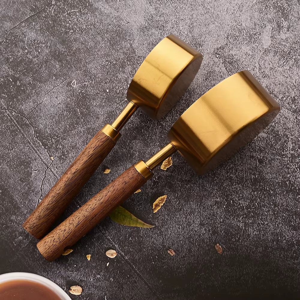 Elevate Your Baking Experience with Our Gold Wooden Handle Stainless Steel Measuring Cups and Spoons Set - Perfect for Coffee and Bartending!