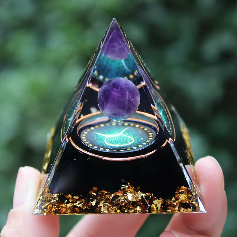 Twelve Zodiac Signs Orgone Pyramid with Amethyst for Home Decoration Unique Gift Idea for Family and Friends