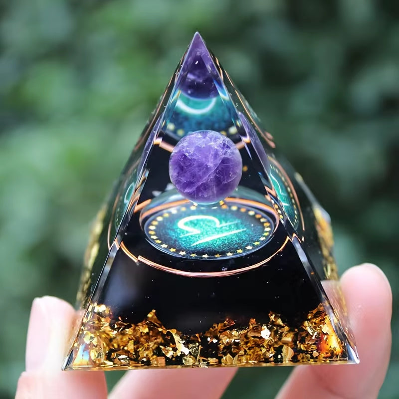 Twelve Zodiac Signs Orgone Pyramid with Amethyst for Home Decoration Unique Gift Idea for Family and Friends