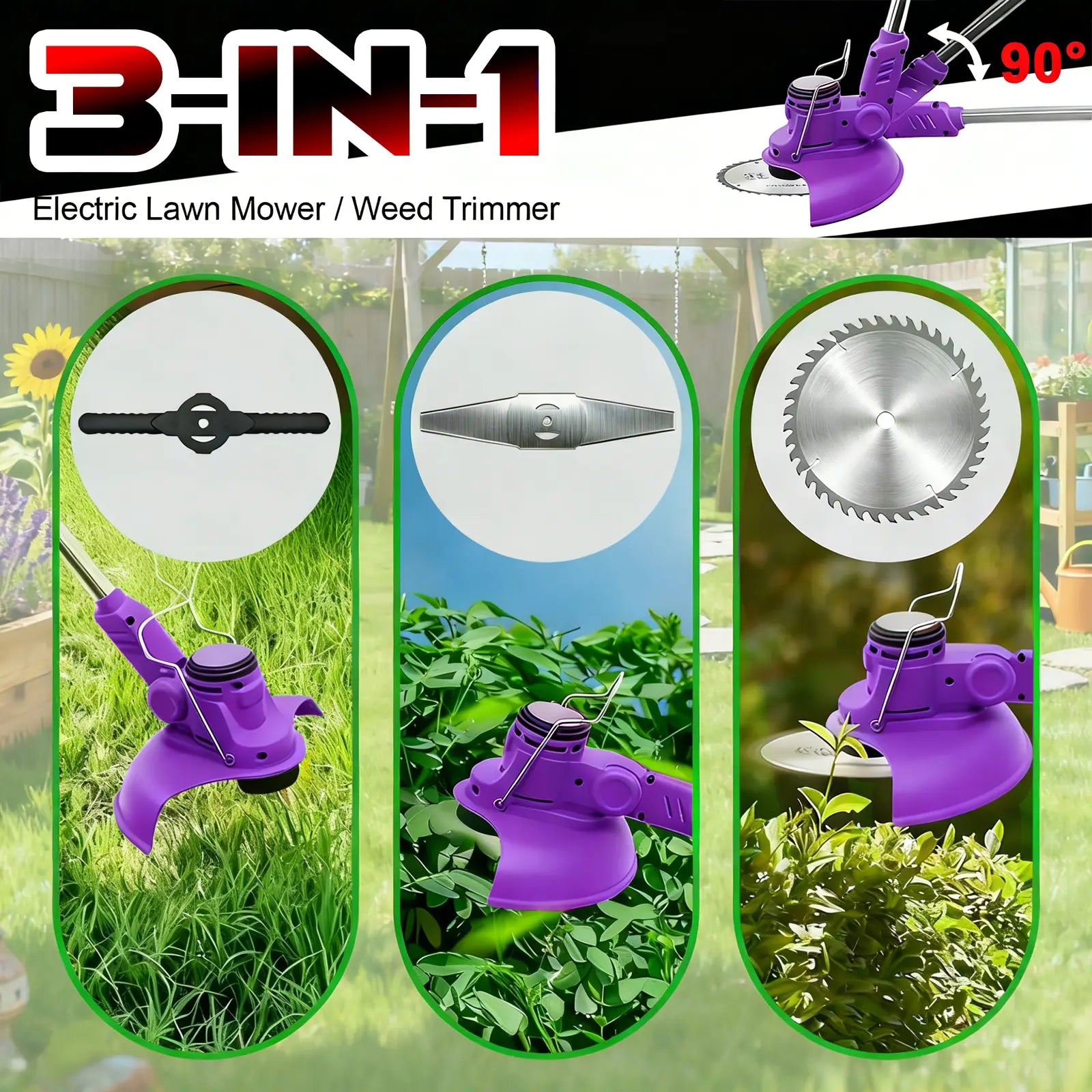 Transform Your Lawn with the Ultimate 3-in-1 Cordless Weed Wacker Trimmer Edger - Powerful 21V 4Ah Electric Lawn Mower with Fast Charger, Lightweight Design, Double Front Wheel, and Versatile 90° Rotation!