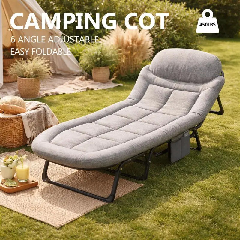 Ultimate Comfort Camping Cot for Adults - 6 Angle Adjustable Foldable Bed with Mattress, Lightweight & Portable for Outdoor Adventures, Supports Up to 450 lbs