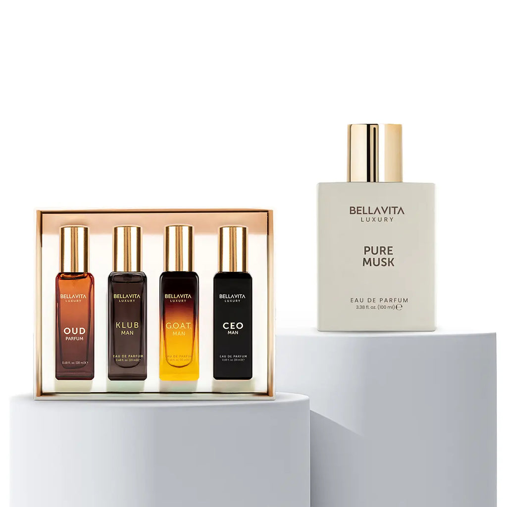 Indulge in Elegance with the Bellavita Luxury Pure Musk Mini Perfume Bundle - 100ml Eau De Parfum + 4 Travel-Sized 20ml Fragrances for Men & Women | Experience the Alluring Woody & Floral Notes of Pure Musk, Oud, CEO Man, Klub Man & G.O.A.T