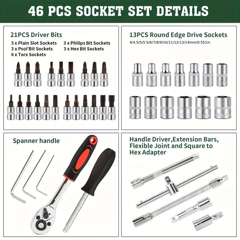 46-Piece 1/4-Inch Drive Socket Ratchet Wrench Set, S2 Grade CR-V Socket Metric and Extension Bar, Comprehensive Toolkit Suitable for Car Maintenance and Home Use, Easy to Organize
