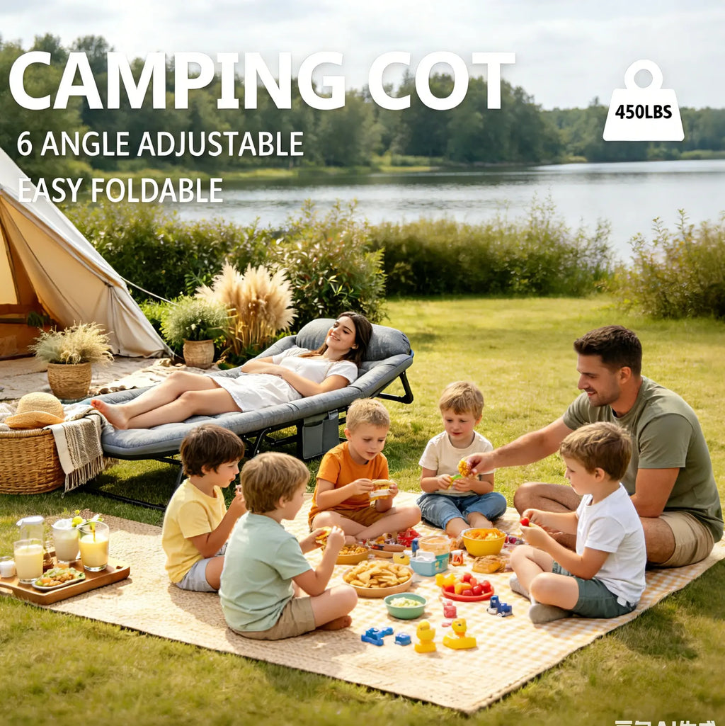 Ultimate Comfort Camping Cot for Adults - 6 Angle Adjustable Foldable Bed with Mattress, Lightweight & Portable for Outdoor Adventures, Supports Up to 450 lbs