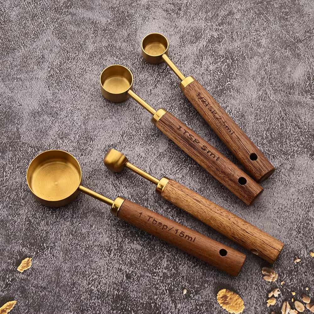 Elevate Your Baking Experience with Our Gold Wooden Handle Stainless Steel Measuring Cups and Spoons Set - Perfect for Coffee and Bartending!