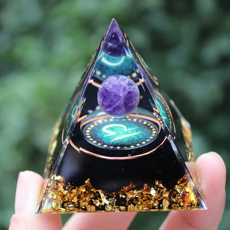 Twelve Zodiac Signs Orgone Pyramid with Amethyst for Home Decoration Unique Gift Idea for Family and Friends