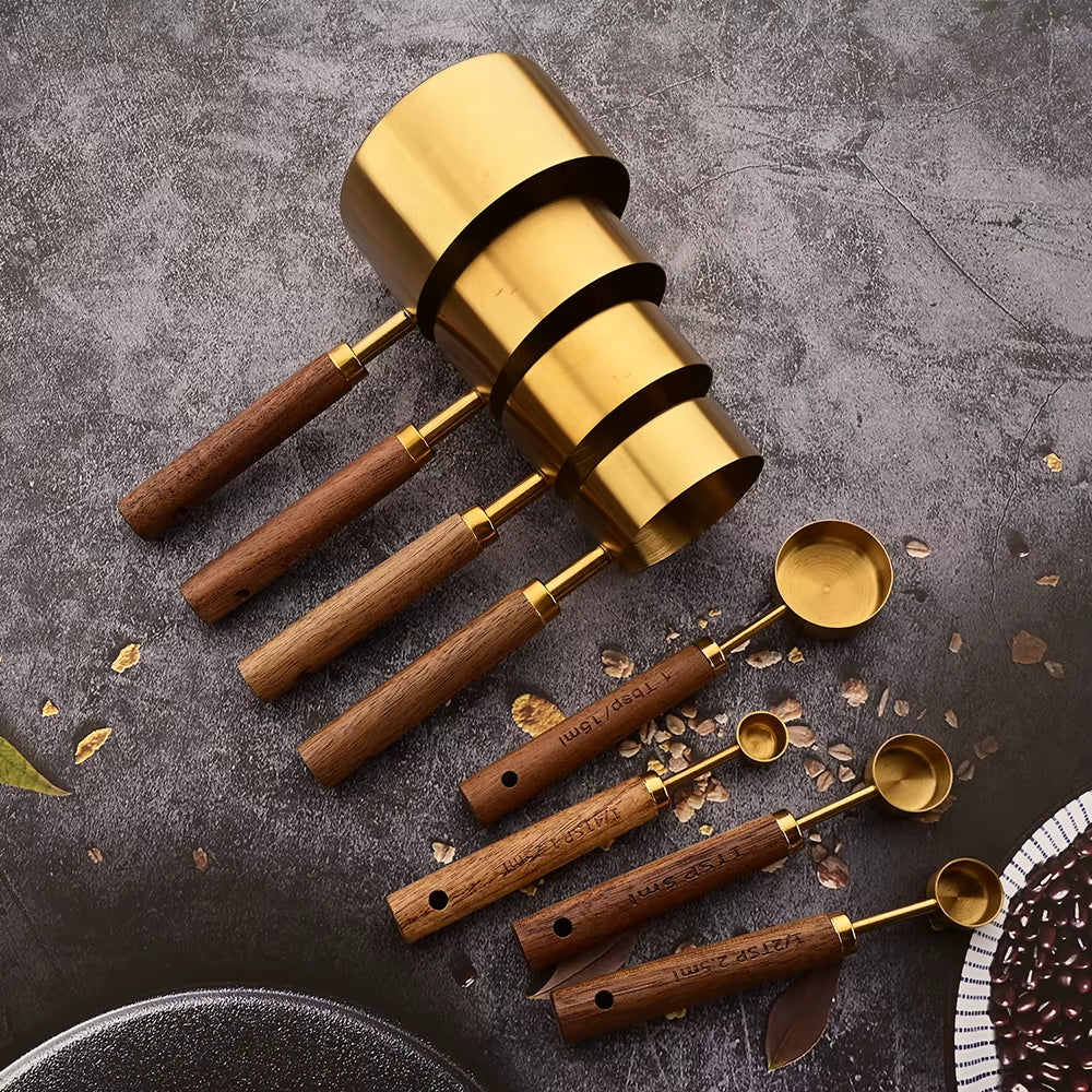 Elevate Your Baking Experience with Our Gold Wooden Handle Stainless Steel Measuring Cups and Spoons Set - Perfect for Coffee and Bartending!