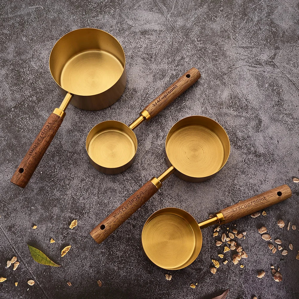Elevate Your Baking Experience with Our Gold Wooden Handle Stainless Steel Measuring Cups and Spoons Set - Perfect for Coffee and Bartending!