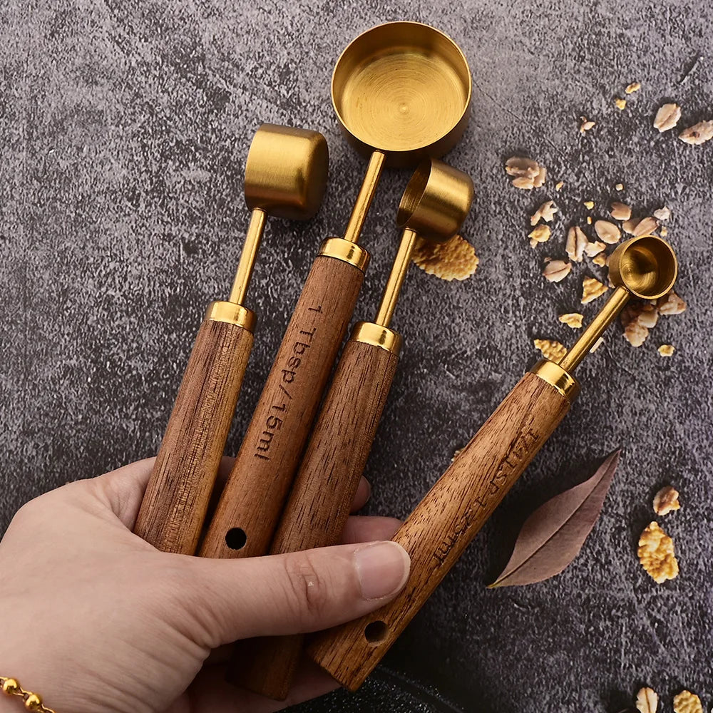Elevate Your Baking Experience with Our Gold Wooden Handle Stainless Steel Measuring Cups and Spoons Set - Perfect for Coffee and Bartending!