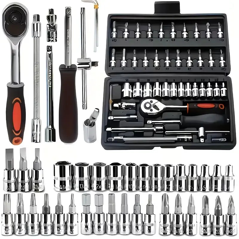 46-Piece 1/4-Inch Drive Socket Ratchet Wrench Set, S2 Grade CR-V Socket Metric and Extension Bar, Comprehensive Toolkit Suitable for Car Maintenance and Home Use, Easy to Organize