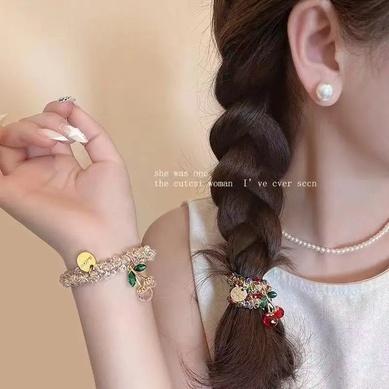 Elevate Your Style with Our 2PCS Crystal Ties Set - Stunning Rhinestone Hair Accessories with Charming Cherry Charms for Any Occasion