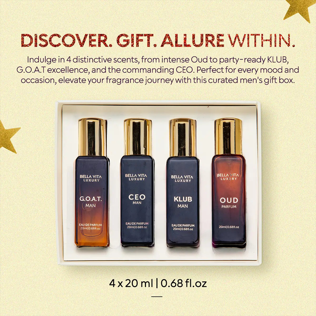 Indulge in Elegance with the Bellavita Luxury Pure Musk Mini Perfume Bundle - 100ml Eau De Parfum + 4 Travel-Sized 20ml Fragrances for Men & Women | Experience the Alluring Woody & Floral Notes of Pure Musk, Oud, CEO Man, Klub Man & G.O.A.T
