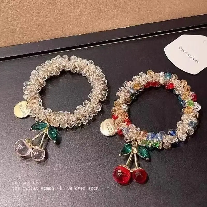 Elevate Your Style with Our 2PCS Crystal Ties Set - Stunning Rhinestone Hair Accessories with Charming Cherry Charms for Any Occasion