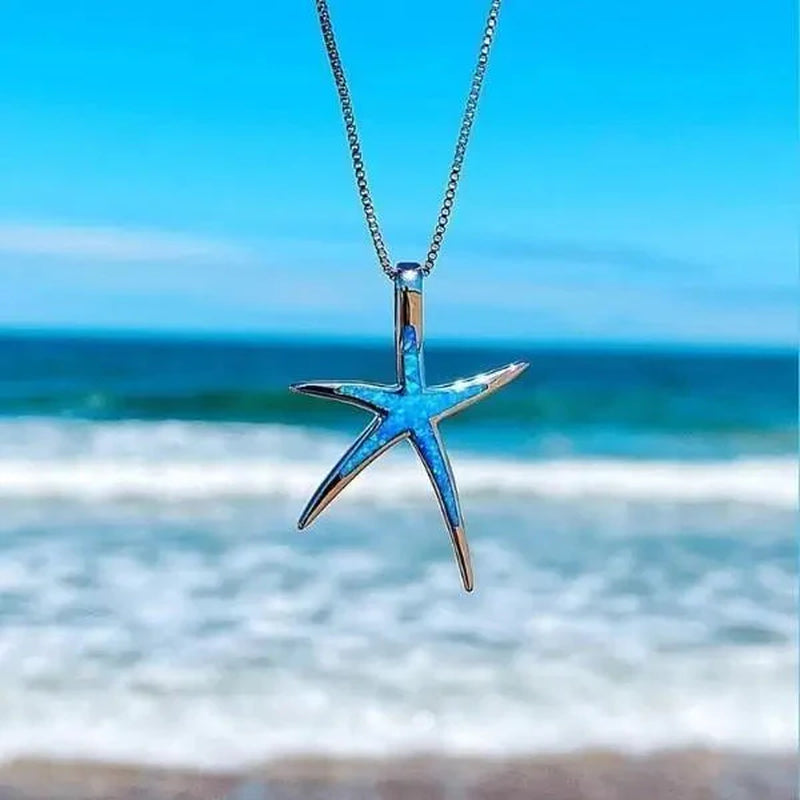 Stunning Blue Opal and Silver Starfish Necklace – A Unique Artisan Piece