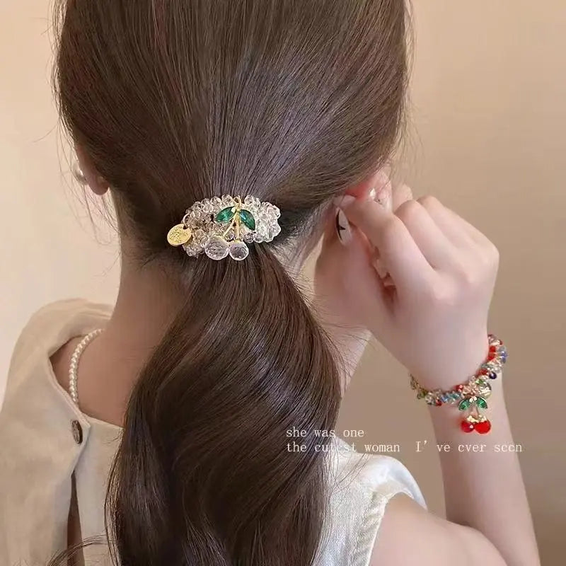 Elevate Your Style with Our 2PCS Crystal Ties Set - Stunning Rhinestone Hair Accessories with Charming Cherry Charms for Any Occasion