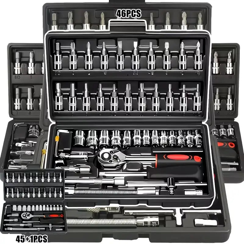 46-Piece 1/4-Inch Drive Socket Ratchet Wrench Set, S2 Grade CR-V Socket Metric and Extension Bar, Comprehensive Toolkit Suitable for Car Maintenance and Home Use, Easy to Organize