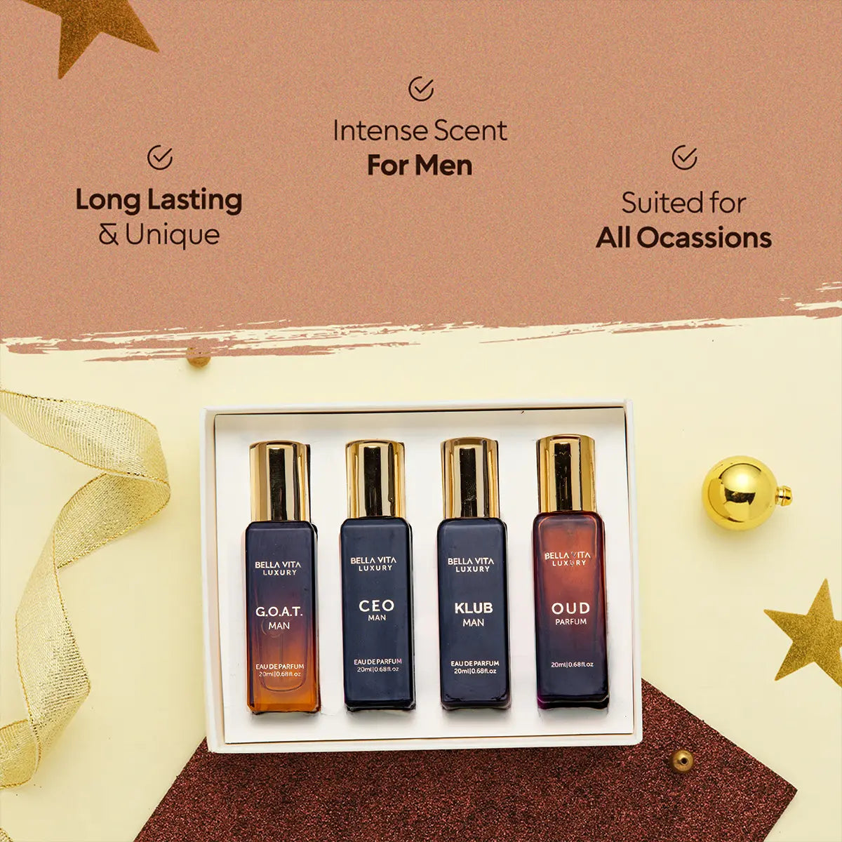 Indulge in Elegance with the Bellavita Luxury Pure Musk Mini Perfume Bundle - 100ml Eau De Parfum + 4 Travel-Sized 20ml Fragrances for Men & Women | Experience the Alluring Woody & Floral Notes of Pure Musk, Oud, CEO Man, Klub Man & G.O.A.T