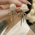 Camellia High-Grade Elegant Light Luxury Metal Bowknot Earrings for Women French Retro Long Tassel Earrings