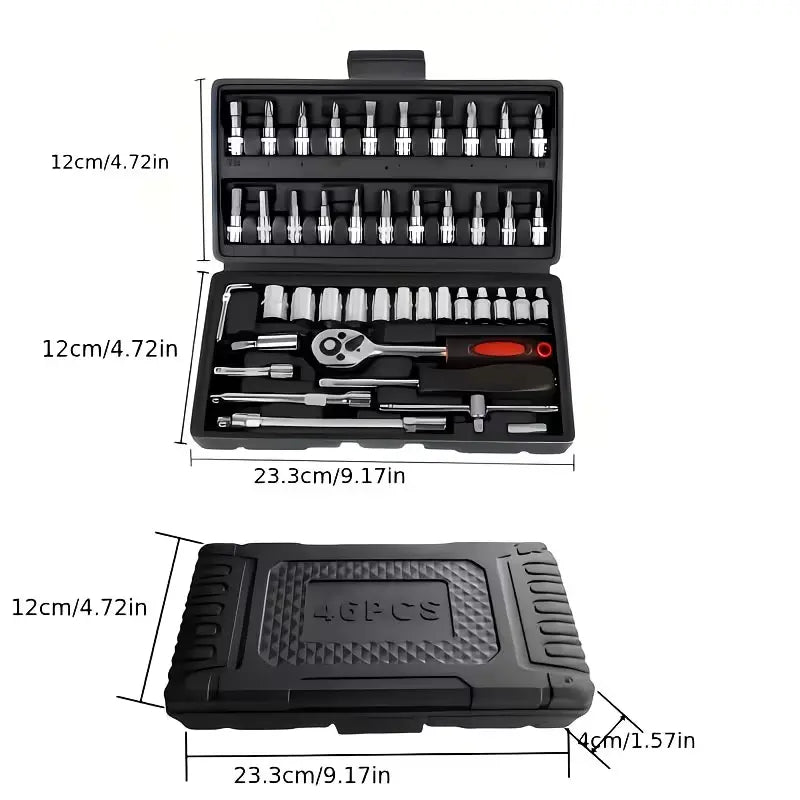 46-Piece 1/4-Inch Drive Socket Ratchet Wrench Set, S2 Grade CR-V Socket Metric and Extension Bar, Comprehensive Toolkit Suitable for Car Maintenance and Home Use, Easy to Organize