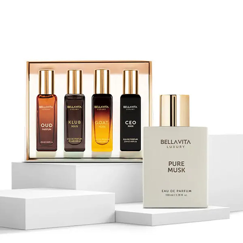 Indulge in Elegance with the Bellavita Luxury Pure Musk Mini Perfume Bundle - 100ml Eau De Parfum + 4 Travel-Sized 20ml Fragrances for Men & Women | Experience the Alluring Woody & Floral Notes of Pure Musk, Oud, CEO Man, Klub Man & G.O.A.T