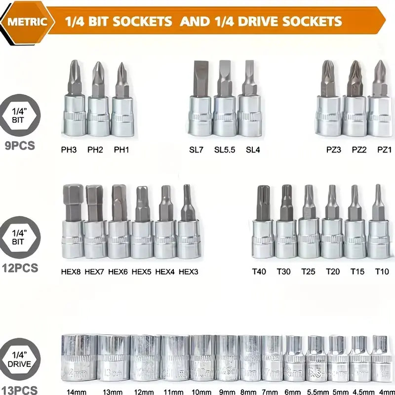 46-Piece 1/4-Inch Drive Socket Ratchet Wrench Set, S2 Grade CR-V Socket Metric and Extension Bar, Comprehensive Toolkit Suitable for Car Maintenance and Home Use, Easy to Organize