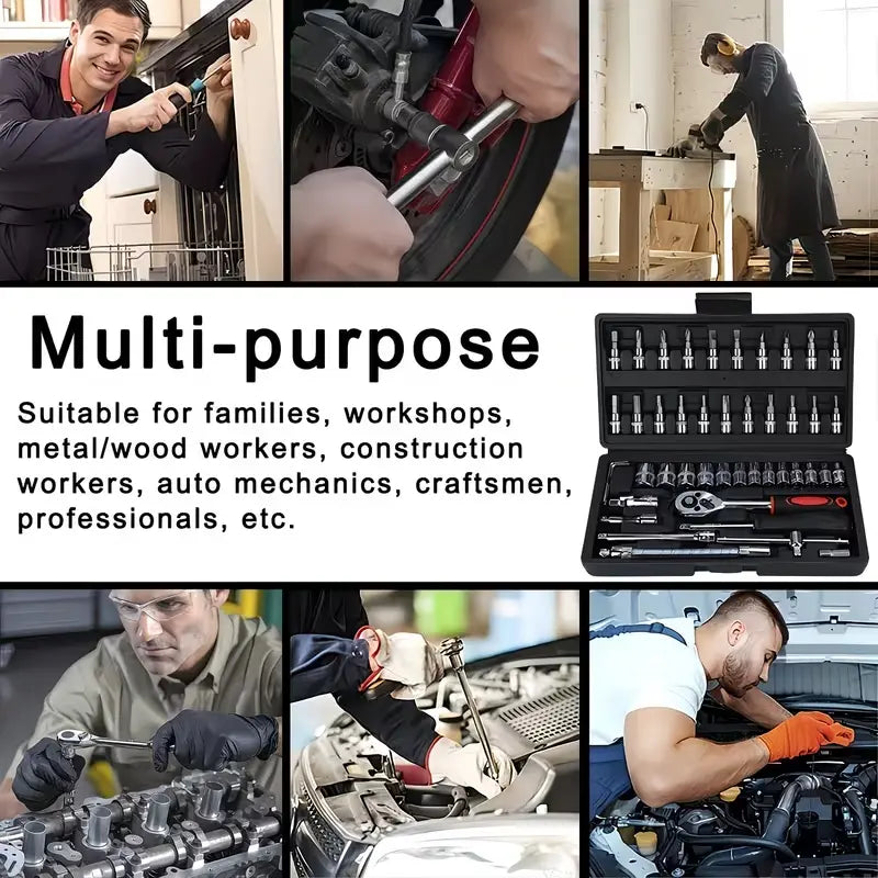 46-Piece 1/4-Inch Drive Socket Ratchet Wrench Set, S2 Grade CR-V Socket Metric and Extension Bar, Comprehensive Toolkit Suitable for Car Maintenance and Home Use, Easy to Organize